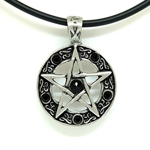JUICY ACCESSORIES BY JUICY SKIN CARE 18" PVC Necklace  Plus  Color Star Pentagram Pentacle Pagan Wiccan Witch Gothic Pewter Pendant -Black-