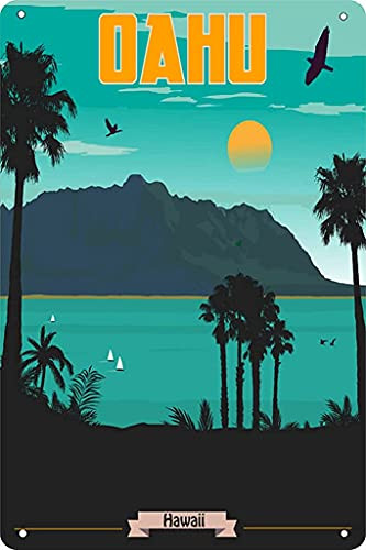 Vintage Tin Sign Hawaii Oahu Beach Poster Retro Metal Signs-for Garage Family Bar Cafe Room Bathroom Art Wall Decor Poster 12 x 8 inch