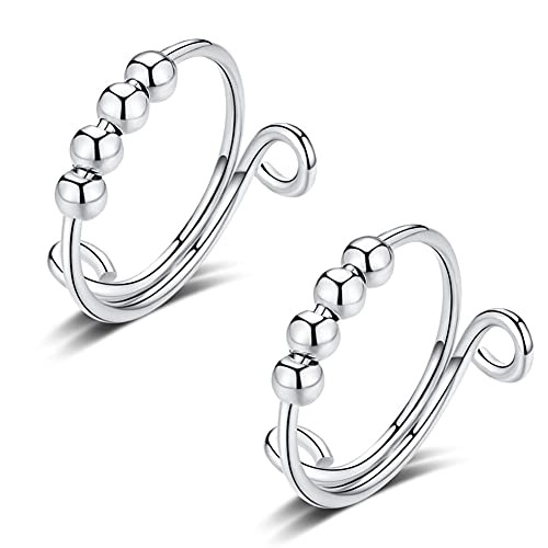 Fidget Ring Women Adjustable Anxiety Ring with Beads Anxiety Ring Stress Relief Ring- Spinning Ring - Spinner Ring- Meditation Ring Silver 2