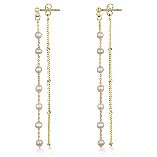 Cowlyn Pearl Tassel Earrings Baroque 18K Gold Beads Chain Long Statement Before After Stud Dainty Jewelry for Women?with Gift Box Packaging?