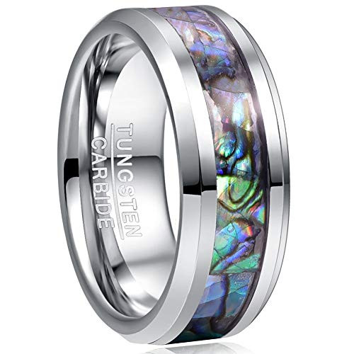 VAKKI 8mm Mens Abalone Shell Inlay Tungsten Carbide Wedding Band Beveled Edge Promise Ring Size 7