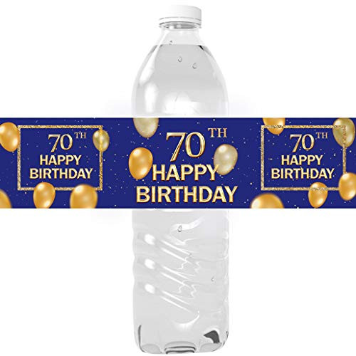70th Happy Birthday Party Water Bottle Labels - 70th Birthday Water Bottle Decorations Cake Table Decorations Gifts - 24 Shiny Foil Stickers -Blue-