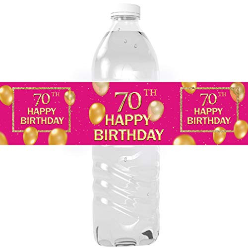 70th Happy Birthday Party Water Bottle Labels - 70th Birthday Water Bottle Decorations Cake Table Decorations Gifts - 24 Shiny Foil Stickers -Pink-