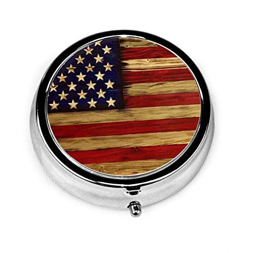 America Flag Vintage Wood Pill Box Round Metal Pill Case Three Compartment Pocket Tablet Medicine Storage for Purse