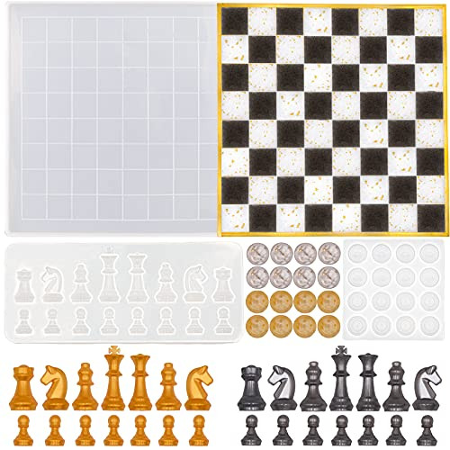EuTengHao 3D Chess Silicone Resin Molds Kit Contains Chess Board Resin Mold- 3D Chess Epoxy Mold- Checker Resin Casting Mold for DIY Crafts Family Party Board Game Home Decoration