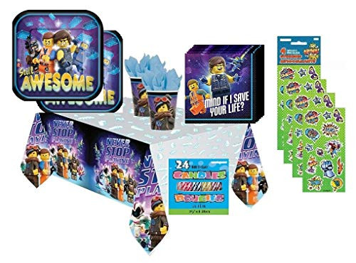 The Lego Movie 2 Birthday Party Bundle Set for 16 includes Dessert Plates, Napkins, Cups, Table Cover, Candles, Stickers