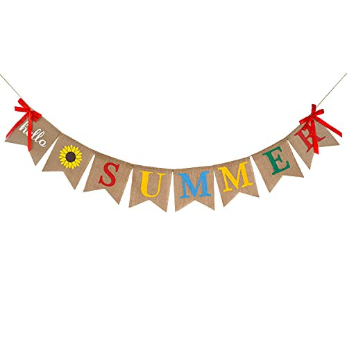 Summer Banner- Hello Summer Party Decorations- Summer Garland with Sunflower Pool Beach Barbecue Hawaiian Party Decor Supplies Fireplace Decorations for Mantle Pre-Assembled
