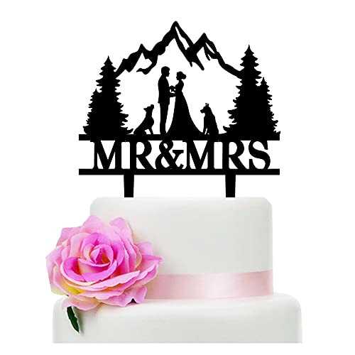 YzYbuaego Mountain Wedding Cake Topper- Mr  and  Mrs Cake Topper- The Couple With Dog At Outdoor Wedding- Forest Theme Cake Topper- Outdoors Wedding Cake Topper -Mountain and Dog-