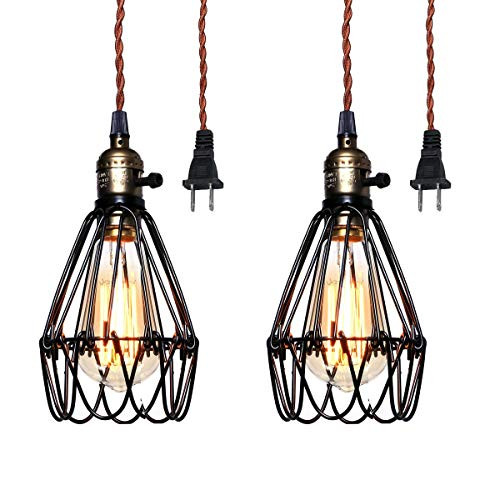 Pauwer Industrial Metal Cage Pedant Light Plug in Pendant Lamp Vintage Edison Hanging Light Fixture with On/Off Switch (2 Lights)
