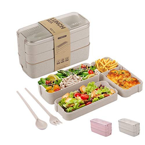 Bento Box for Adults Kids- 3-In-1 Meal Prep Container- 900ML Japanese Lunch Box with Compartment- Wheat Straw- Leak-proof- Spoon  and  Fork- BPA-free -Beige-