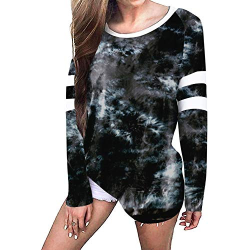 Davenil Women's Long Sleeve Tops Round Neck Tie Dye Tunic Tops Loose Fitting Irregular Hem Casual Shirts Tie Dye Black Size L