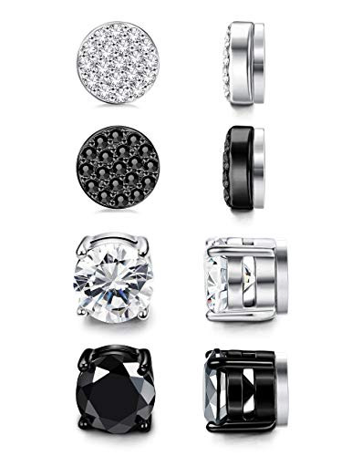 FIBO STEEL 4 Pairs Magnetic Stud Earrings for Men Women Stainless Steel Non Piercing Fake Gauges Clip on Round Earring CZ Nose Studs 8mm