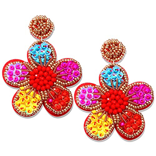 Beaded Drop Earrings Statement Colorful Beaded Flower Earrings Handmade Bohemia Tropical Beadwork Dangle Earrings For Woman -rainbow-