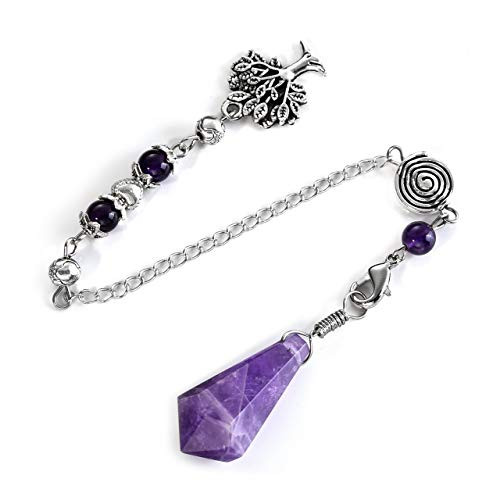 PESOENTH Natural Amethyst Dowsing Pendulum Crystal Scrying Divination Healing Gemstone Hexagonal Pointed Chakra Tree of Life Charm Pendulum Chain