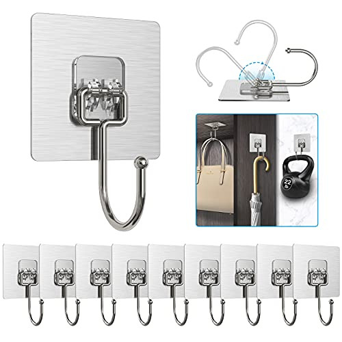 10 Pieces Large Wall Hooks for Hanging Heavy Duty 22lb-Max--Coat and Towel Adhesive Hooks-Wall Hangers Waterproof and Oilproof for Bathroom-Kitchen and Home Sticky Hooks -Silver-