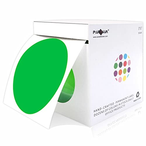 PARLAIM 3 Inch Round Permanent Color-Code Dot Stickers- 500 Labels per Roll- 3" Dispenser Box- Green