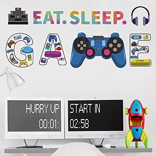 Eat Sleep Game Vinyl Wall Stickers Decals Controller Video Wall Decal Decors Removable Peel and Stick Game Room Decor for Teen Room Kids Room Playroom Bedroom Living Room Art Mural 35.3 x 11.8 inch