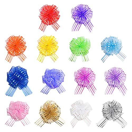 Coitak 14 PCS Pull Bow- Large Organza Pull Bow Present Wrapping Pull Bow with Ribbon for Wedding Present Baskets- 6 Inches- Mixed Color
