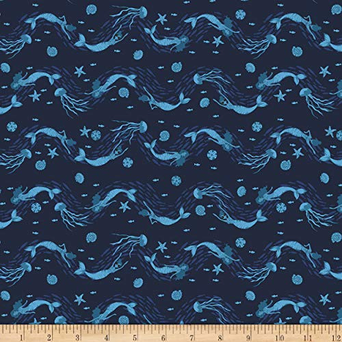 Studio E Fabrics Jeans Mermaid Wave Fabric- Dark Blue