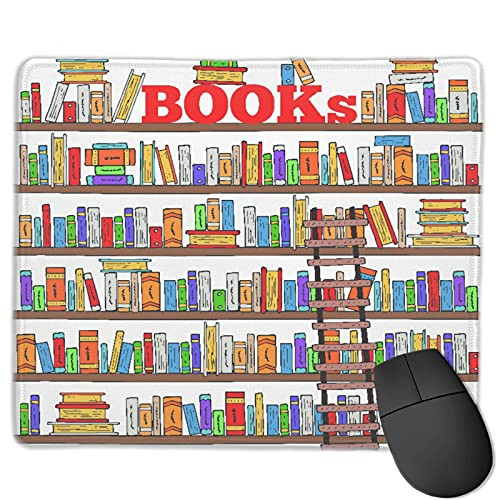 Gaming Mouse Pad Custom-Hand Drawn Doodle Books Shelves with Books and Ladder for Store- Library- Reading Club-Office  Rectangle Non-Slip Rubber Mousepad for Computers Laptop 9.8" x 11.8"