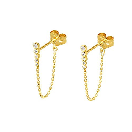 Round CZ Bezel Tassel Chain Drop Dangle Stud Earrings for Women Girls 925 Sterling Silver Crystal Minimalist Studs Tragus Hypoallergenic Pierced Ear Fashion Personlized Punk Jewelry -Gold-