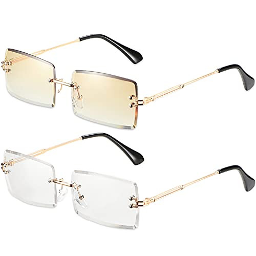 2 Pairs Rimless Rectangle Sunglasses Frameless Eyewear Vintage Transparent Rectangle Glasses for Women Men