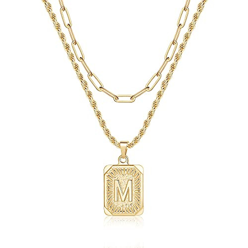 Gold Layered Necklaces for Women- 14K Gold Plated Letter M Initial Pendant Layered Necklaces Rope Chain Paperclip Link Layering Necklaces for Women Teen Girl Gold Jewelry Gifts