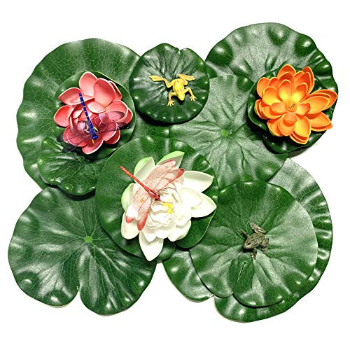 PietyPet 15 Pieces Realistic Lily Pads Artificial Water Floating Foam Lotus Flowers with Artificial Dragonfly Frog Lotus Leaves- Water Lily Pads Ornaments for Pond Pool Aquarium Water Decoration PietyPet 15 Pieces Realistic Lily Pads Artificial Water Floating Foam Lotus Flowers with Artificial Dragonfly Frog Lotus Leaves- Water Lily Pads Ornaments for Pond Pool Aquarium Water Decoration