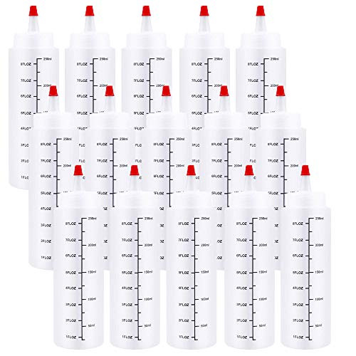 15 Pack 8oz Plastic Scale Squeeze Bottle-Clear Condiment Squeeze Bottles-Squirt Bottles with Red Tip Cap for Ketchup-BBQ-Sauces-Art and Crafts