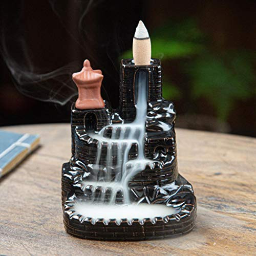 YYW Ceramic Backflow Incense Burner- Mountain Tower Incense Cone Holder Backflow Incense Holder with 10pcs Incense Cone for Handicraft Gift- Home Decoration -Black-