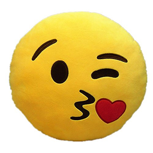 Emoji Smiley Emoticon Yellow Round Cushion Pillow Stuffed Plush Soft Toy 13.8" -Kiss-