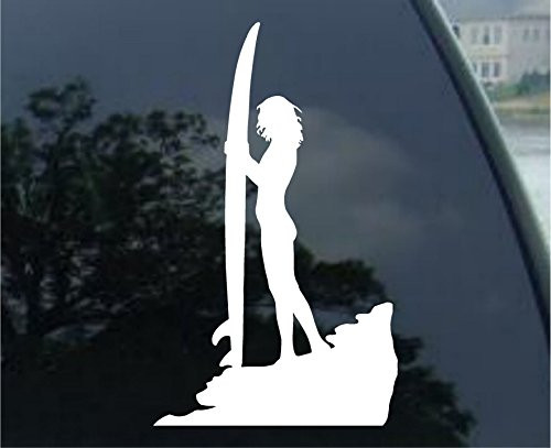 SoCoolDesign Sexy Surfer Girl Surfboard Silhouette Car Window Vinyl Decal Sticker 4" Wide -White-