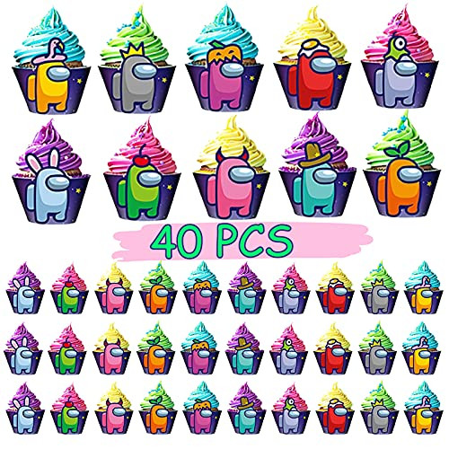 40pcs Ags Cupcake Wrappers Lace Cupcake Birthday Cake Cupcake Toppers Decoration for Among Video Game Theme Birthday Party Supplies