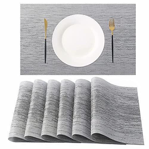 Faraxsan Vinyl Woven Placemats for Dining Table Set of 6 Plastic Farmhouse Washable Place Mats Indoor for Kitchen Dinner Dinning Table Non-Slip Heat Resistant Table Mats for Dining Room Grey White