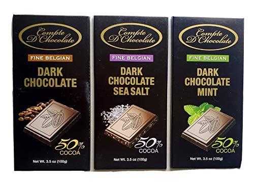 Dark Chocolate Lover's Delight Compte D' Chocolate Includes -1- 3.5 oz Bar Dark Chocolate Mint 50 percent Cocoa- -1- Dark Chocolate 50 percent Cocoa- -1- Dark Chocolate With Sea Salt