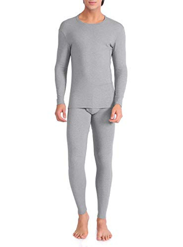 David Archy Men's Ultra Soft Warm Stretchy Cotton Fleece Lined Base Layer Top & Bottom Thermal Set Long John with Fly (XL, Heather Light Gray)