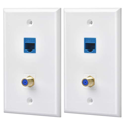 HuaHengHT 2 Packs Ethernet Coax Wall Plate 1 Cat6 Ethernet Port and 1 Gold-Plated Cable TV Coax F Type Port RJ45 Wall Jack Plate -Blue-