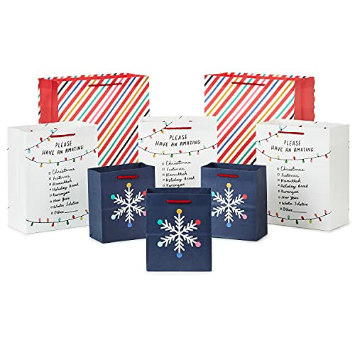 Hallmark Good Mail Holiday Gift Bag Assortment -8 Bags- 3 Small 6"- 3 Medium 9"- 2 Large 13"- Snowflake- Rainbow Stripes- Holiday Checklist for Christmas- Festivus- Hanukkah- Kwanzaa- Winter Solstice Hallmark Good Mail Holiday Gift Bag Assortment -8 Bags- 3 Small 6"- 3 Medium 9"- 2 Large 13"- Snowflake- Rainbow Stripes- Holiday Checklist for Christmas- Festivus- Hanukkah- Kwanzaa- Winter Solstice