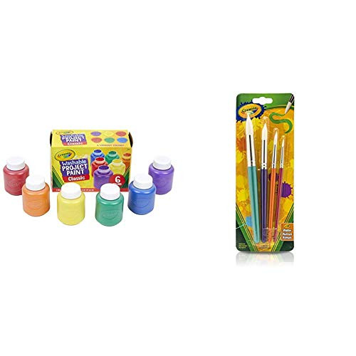 Crayola Washable Kids Paint- Classic Colors- 6 Count- Painting Supplies- Gift  and  Big Paint Brushes -4 Count Round-- Great for Kids