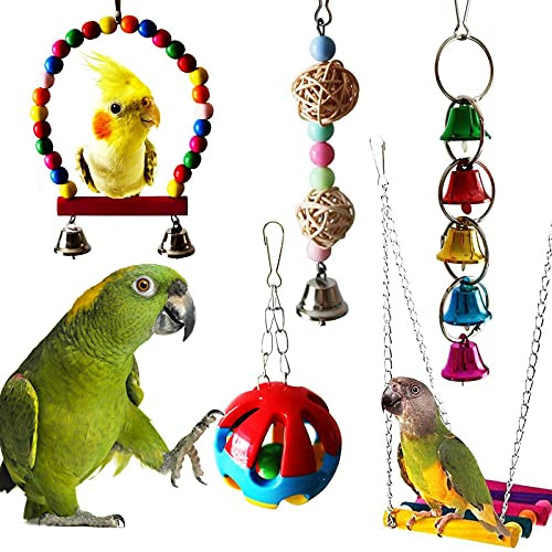 SunnyHeart 5pcs Bird Parrot Toys Hanging Bell Pet Bird Cage Hammock Swing Toy Hanging Toy for Small Parakeets Cockatiels- Conures- Macaws- Parrots- Love Birds- Finches -Bird Swing Ladder Toys-