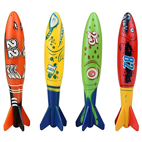 Kairaley 4 Pcs Pool Diving Toys Underwater Diving Torpedo Bandits- Swimming Pool Toy Underwater Gliding Shark Small Water Rockets Play Training Diving Toys