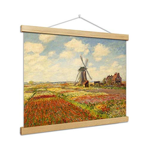 VanSP Scenery Wall Art Impressionist Oil Painting Poster Frame Hanger-Claude Monet Giclee Canvas Prints Wooden Scroll Home Decor A Field of Tulips in Holland -1886- 8x6in-20x15cm-