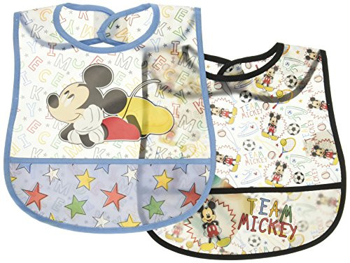 Disney Mickey Mouse 2 Piece Printed Frosted Water Proof Peva Bib- Blue Crumb Catcher Pocket