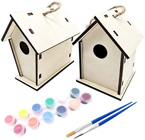 DIY Bird House Kits Wooden Birdhouse Set 12 Colors Paints 3 Brushes for Kids Teens Unfinished Paintable Wood Birdhouse Hanging Wood