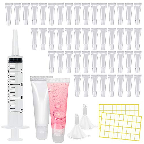 Eathtek 100PCS 10ML Lip Gloss Tubes- Mini Clear Empty Lip Balm Containers Refillable Soft Cosmetic Tubes for DIY Lip Gloss Balm with Free 2 Funnels- 1 Free Syringe  Plus  Labels