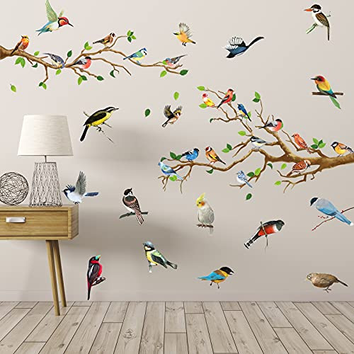 2 Pieces Garden Birds on The Tree ?Branch Wall Wall Stickers Green Leaf and Flying Bird Wall Decals Peel and Stick Removable Wall Stickers for Kids Nursery Bedroom Living Room