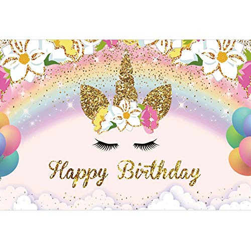 DORCEV 7x5ft Happy Birthday Backdrop Unicorn Theme Kids Birthday Party Background Shiny Golden Unicorn Rainbow Flower Cloud Birthday Party Cake Table Banner Kids Birthday Photo Studio Props