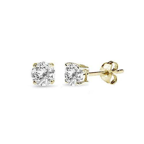 Yellow Gold Flashed Sterling Silver White Topaz 4mm Round-Cut Solitaire Stud Earrings