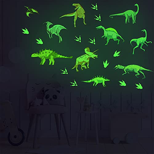 COKOYY Glow in The Dark Dinosaurs Wall Decals- Luminous Dinosaurs with Footprints Wall Stickers- Removable DIY Bright Decoration for Ceiling- Boys Bedroom- Nursery- Living Room Decor