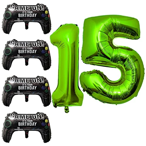 Video Game Party Balloons 4pcs Game Controller Mylar Balloons with 40inch Green Number Balloons 15 for Birthday Party Game Party Decoration -15th-